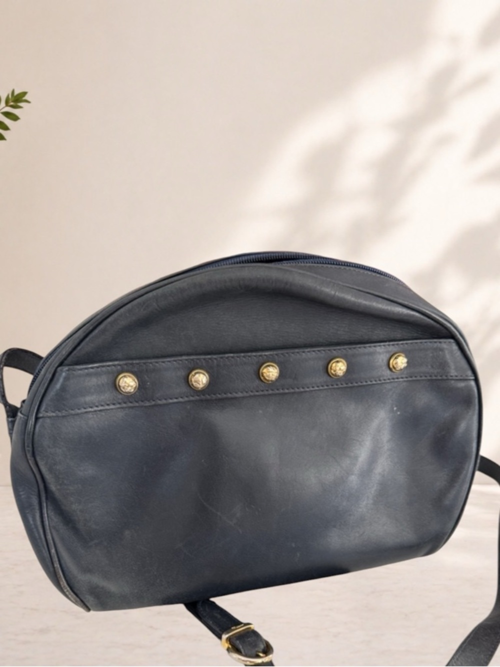 Authentic Ferragamo Navy Leather Crossbody Bag with Gold Stud Details